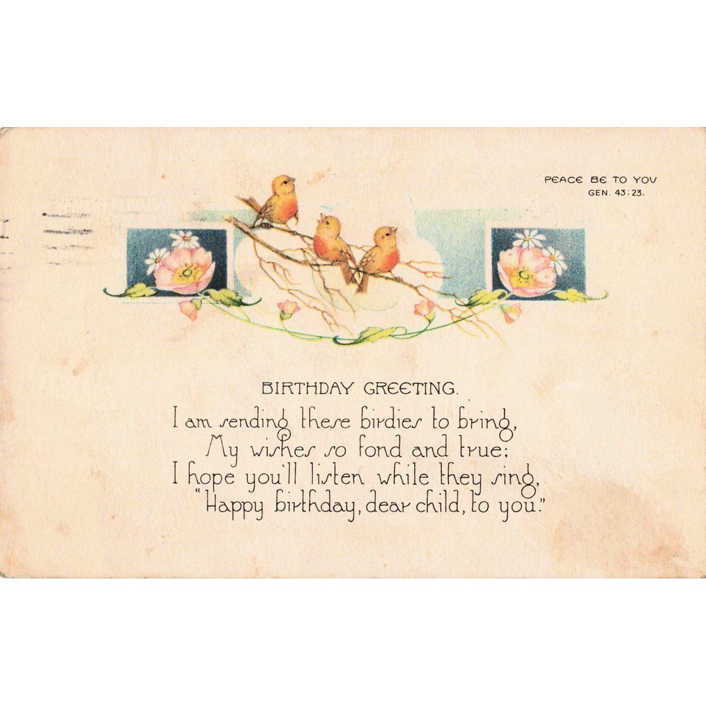 Birthday Postcard Standard Publishing Co Birds Genesis 43:23 1929 Antique